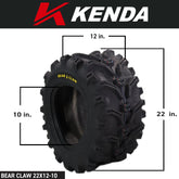 Kenda Bearclaw K299 - 22x12-10 Rear Tires for All Terrain (ATV), UTV, and Side by Side (SxS) Vehicles - 6-Ply - Bear Claw 22x12x10 with Kenda Keychain (2-Pack)